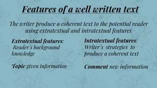 23
Features of a well written text
The writer produce a coherent text to the potential reader
using extratextual and intratextual features
Extratextual features:
Reader´s background
knowledge
Topic given information
Intratextual features:
Writer´s strategies to
produce a coherent text
Comment new information
 