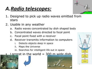 Radio telescopes: Designed to pick up radio waves emitted from stars Usable in any weather Radio waves concentrated by dish shaped body Concentrated waves directed to focal point Focal point fixed with a receiver Receiver transmits information to computers Detects objects deep in space Maps the Universe Searches for intelligent life out in space Largest in the world = 300 m wide dish   