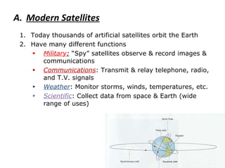 Modern Satellites Today thousands of artificial satellites orbit the Earth Have many different functions Military :  “Spy” satellites observe & record images & communications Communications : Transmit & relay telephone, radio, and T.V. signals Weather : Monitor storms, winds, temperatures, etc. Scientific : Collect data from space & Earth (wide range of uses) 