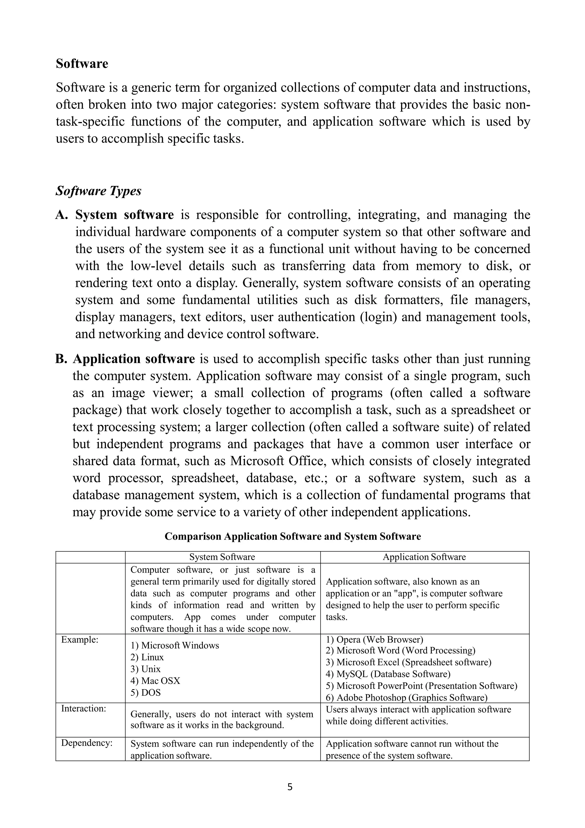 5
Software
Software is a generic term for organized collections of computer data and instructions,
often broken into two major categories: system software that provides the basic non-
task-specific functions of the computer, and application software which is used by
users to accomplish specific tasks.
Software Types
A. System software is responsible for controlling, integrating, and managing the
individual hardware components of a computer system so that other software and
the users of the system see it as a functional unit without having to be concerned
with the low-level details such as transferring data from memory to disk, or
rendering text onto a display. Generally, system software consists of an operating
system and some fundamental utilities such as disk formatters, file managers,
display managers, text editors, user authentication (login) and management tools,
and networking and device control software.
B. Application software is used to accomplish specific tasks other than just running
the computer system. Application software may consist of a single program, such
as an image viewer; a small collection of programs (often called a software
package) that work closely together to accomplish a task, such as a spreadsheet or
text processing system; a larger collection (often called a software suite) of related
but independent programs and packages that have a common user interface or
shared data format, such as Microsoft Office, which consists of closely integrated
word processor, spreadsheet, database, etc.; or a software system, such as a
database management system, which is a collection of fundamental programs that
may provide some service to a variety of other independent applications.
Comparison Application Software and System Software
System Software Application Software
Computer software, or just software is a
general term primarily used for digitally stored
data such as computer programs and other
kinds of information read and written by
computers. App comes under computer
software though it has a wide scope now.
Application software, also known as an
application or an "app", is computer software
designed to help the user to perform specific
tasks.
Example:
1) Microsoft Windows
2) Linux
3) Unix
4) Mac OSX
5) DOS
1) Opera (Web Browser)
2) Microsoft Word (Word Processing)
3) Microsoft Excel (Spreadsheet software)
4) MySQL (Database Software)
5) Microsoft PowerPoint (Presentation Software)
6) Adobe Photoshop (Graphics Software)
Interaction:
Generally, users do not interact with system
software as it works in the background.
Users always interact with application software
while doing different activities.
Dependency: System software can run independently of the
application software.
Application software cannot run without the
presence of the system software.
 