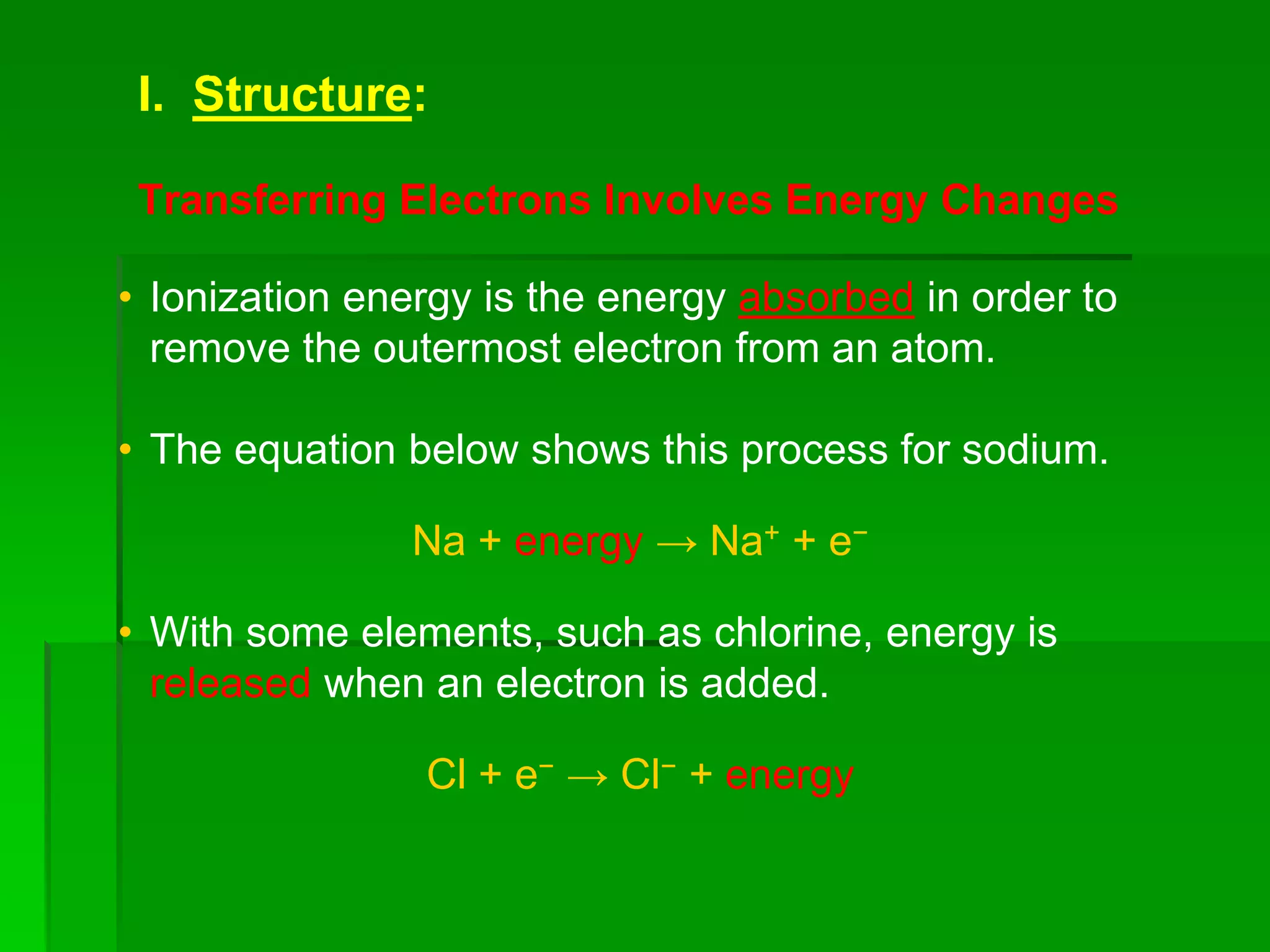 I. Structure:
Transferring Electrons Involves Energy Changes
• Ionization energy is the energy absorbed in order to
remove the outermost electron from an atom.
• The equation below shows this process for sodium.
Na + energy → Na+ + e−
• With some elements, such as chlorine, energy is
released when an electron is added.
Cl + e− → Cl− + energy
Chapter 5
 