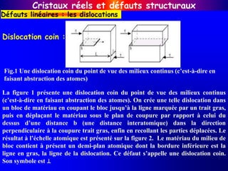 Cristaux réels et défauts structuraux
La figure 1 présente une dislocation coin du point de vue des milieux continus
(c’est-à-dire en faisant abstraction des atomes). On crée une telle dislocation dans
un bloc de matériau en coupant le bloc jusqu’à la ligne marquée par un trait gras,
puis en déplaçant le matériau sous le plan de coupure par rapport à celui du
dessus d’une distance b (une distance interatomique) dans la direction
perpendiculaire à la coupure trait gras, enfin en recollant les parties déplacées. Le
résultat à l’échelle atomique est présenté sur la figure 2. Le matériau du milieu de
bloc contient à présent un demi-plan atomique dont la bordure inférieure est la
ligne en gras, la ligne de la dislocation. Ce défaut s’appelle une dislocation coin.
Son symbole est ⊥
Dislocation coin :
Fig.1 Une dislocation coin du point de vue des milieux continus (c’est-à-dire en
faisant abstraction des atomes)
Défauts linéaires : les dislocations
 