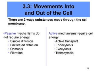 3.3: Movements Into
and Out of the Cell
There are 2 ways substances move through the cell
membrane.
14
•Passive mechanisms do
not require energy.
• Simple diffusion
• Facilitated diffusion
• Osmosis
• Filtration
Active mechanisms require cell
energy
• Active transport
• Endocytosis
• Exocytosis
• Transcytosis
 