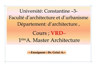 - Enseignant : Dr. Grini A.-
Université: Constantine –3-
Faculté d’architecture et d’urbanisme
Département: d’architecture ,
Cours ; VRD–
1éreA. Master Architecture
 