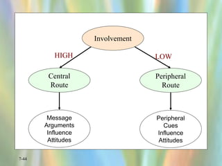 7-44
Involvement
Central
Route
Peripheral
Route
Peripheral
Cues
Influence
Attitudes
Message
Arguments
Influence
Attitudes
HIGH LOW
 