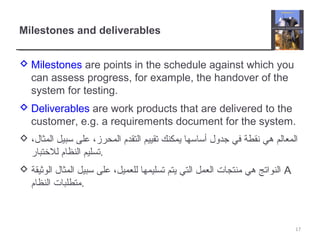Milestones and deliverables
 Milestones are points in the schedule against which you
can assess progress, for example, the handover of the
system for testing.
 Deliverables are work products that are delivered to the
customer, e.g. a requirements document for the system.
 ،‫المثال‬ ‫تسبيل‬ ‫على‬ ،‫المحرمز‬ ‫التقدم‬ ‫تقييم‬ ‫يمكنك‬ ‫أتساتسها‬ ‫جدول‬ ‫في‬ ‫نقطة‬ ‫هي‬ ‫المعالم‬
‫للختبار‬ ‫النظام‬ ‫.تسليم‬
 ‫الوثيقة‬ ‫المثال‬ ‫تسبيل‬ ‫على‬ ،‫للعميل‬ ‫تسليمها‬ ‫يتم‬ ‫التي‬ ‫العمل‬ ‫منتجات‬ ‫هي‬ ‫النواتج‬ A
‫النظام‬ ‫.متطلبات‬
17
 