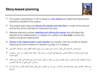 Story-based planning
 The system specification in XP is based on user stories that reflect the features that
should be included in the system.
 The project team read and discuss the stories and rank them in order of the amount
of time they think it will take to implement the story.
 Release planning involves selecting and refining the stories that will reflect the
features to be implemented in a release of a system and the order in which the
stories should be implemented.
 Stories to be implemented in each iteration are chosen, with the number of stories
reflecting the time to deliver an iteration (usually 2 or 3 weeks).
 ‫في‬ ‫النظام‬ ‫مواصفات‬ ‫ويستند‬ XP ‫النظام‬ ‫في‬ ‫تدرج‬ ‫أن‬ ‫ينبغي‬ ‫التي‬ ‫السمات‬ ‫تعكس‬ ‫التي‬ ‫المستخدم‬ ‫قصص‬ ‫.على‬
 ‫سيستغرق‬ ‫المر‬ ‫ان‬ ‫يعتقدون‬ ‫كانوا‬ ‫الوقت‬ ‫مقدار‬ ‫حيث‬ ‫من‬ ‫الترتيب‬ ‫في‬ ‫وتصنيفها‬ ‫قصص‬ ‫ومناقشة‬ ‫قراءة‬ ‫المشروع‬ ‫فريق‬
‫القصة‬ ‫.لتنفيذ‬
 ‫النظام‬ ‫عن‬ ‫الفراج‬ ‫في‬ ‫تنفيذها‬ ‫سيتم‬ ‫التي‬ ‫السمات‬ ‫تعكس‬ ‫أن‬ ‫شأنها‬ ‫من‬ ‫التي‬ ‫القصص‬ ‫وصقل‬ ‫اختيار‬ ‫الفراج‬ ‫التخطيط‬ ‫ويشمل‬
‫القصص‬ ‫هذه‬ ‫تنفذ‬ ‫أن‬ ‫ينبغي‬ ‫الذي‬ ‫.والترتيب‬
 ‫)عادة‬ ‫التكرار‬ ‫لتقديم‬ ‫الوقت‬ ‫تعكس‬ ‫التي‬ ‫القصص‬ ‫من‬ ‫عدد‬ ‫مع‬ ،‫تكرار‬ ‫كل‬ ‫في‬ ‫تنفيذها‬ ‫سيتم‬ ‫التي‬ ‫القصص‬ ‫اختيار‬ ‫ويتم‬2‫أو‬3
‫.)أسابيع‬ 32
 