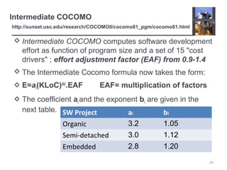 Intermediate COCOMO
http://sunset.usc.edu/research/COCOMOII/cocomo81_pgm/cocomo81.html
 Intermediate COCOMO computes software development
effort as function of program size and a set of 15 "cost
drivers" ; effort adjustment factor (EAF) from 0.9-1.4
 The Intermediate Cocomo formula now takes the form:
 E=ai(KLoC)(bi)
.EAF EAF= multiplication of factors
 The coefficient ai and the exponent bi are given in the
next table.
43
SW Project ai bi
Organic 3.2 1.05
Semi-detached 3.0 1.12
Embedded 2.8 1.20
 