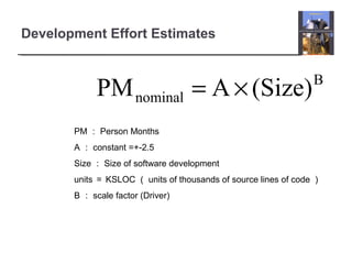 Development Effort Estimates
B
nominal (Size)APM ×=
PM ： Person Months
A ： constant =+-2.5
Size ： Size of software development
units ＝ KSLOC （ units of thousands of source lines of code ）
B ： scale factor (Driver)
 