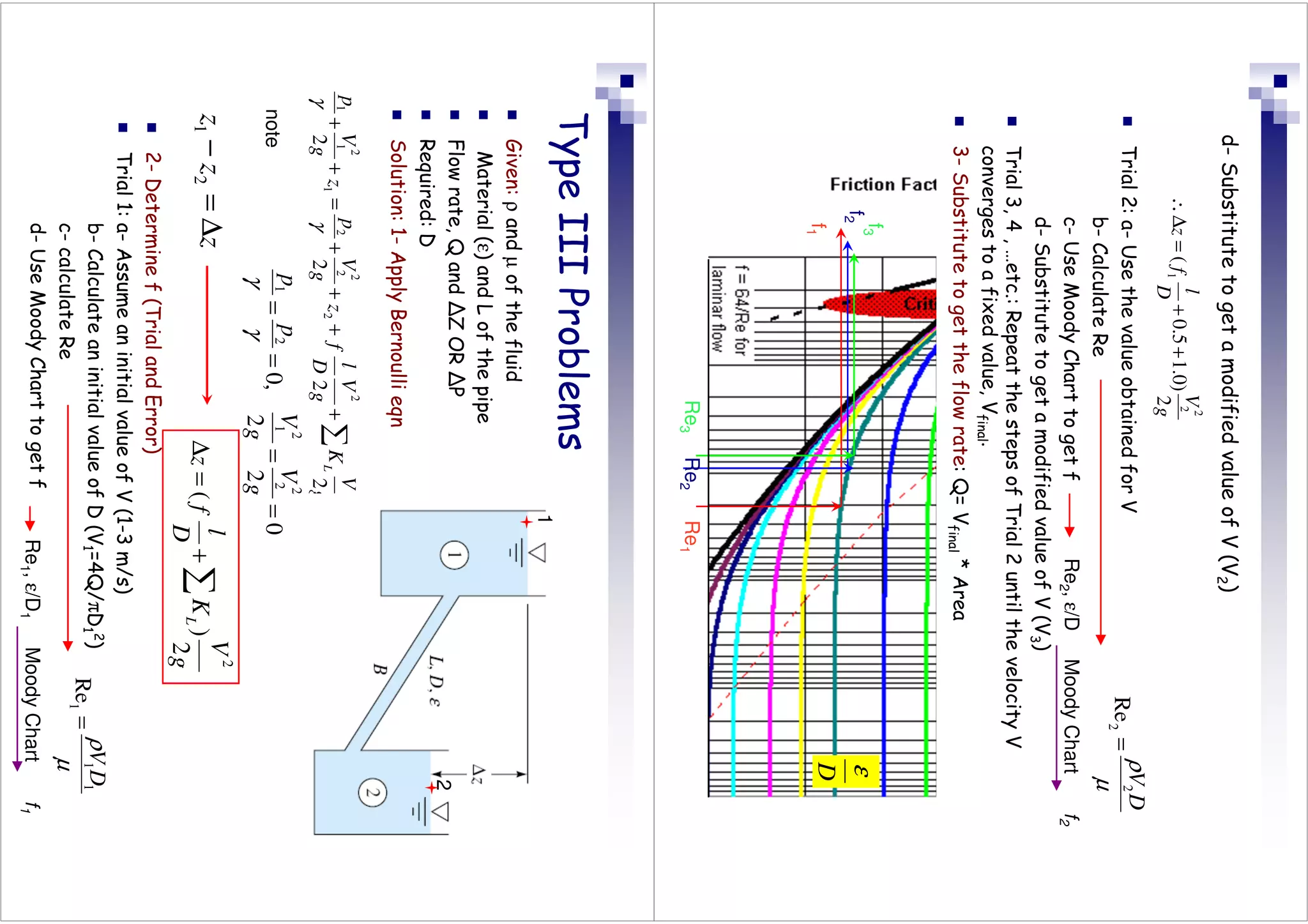 d-
Substitute
to
get
a
modified
value
of
V
(V
2
)
µ
ρ
D
V
2
2
Re
=
Re
2
,
ε/D
Moody
Chart
f
2
g
V
D
l
f
z
2
)
0
.
1
5
.
0
(
2
2
1
+
+
=
∆
∴

Trial
2:
a-
Use
the
value
obtained
for
V
b-
Calculate
Re
c-
Use
Moody
Chart
to
get
f
d-
Substitute
to
get
a
modified
value
of
V
(V
3
)

Trial
3,
4
,
…etc.:
Repeat
the
steps
of
Trial
2
until
the
velocity
V
converges
to
a
fixed
value,
V
final
.

3-
Substitute
to
get
the
flow
rate:
Q=
V
final
*
Area
D
ε
Re
1
f
1
f
2
Re
2
Re
3
f
3
Type
III
Problems

Given:
ρ
and
µ
of
the
fluid

Material
(ε)
and
L
of
the
pipe

Flow
rate,
Q
and
ΔZ
OR
ΔP

Required:
D

Solution:
1-
Apply
Bernoulli
eqn
0
2
2
,
0
2
2
2
1
2
1
=
=
=
=
g
V
g
V
p
p
γ
γ
z
z
z
∆
=
−
2
1
g
V
K
g
V
D
l
f
z
g
V
p
z
g
V
p
L
2
2
2
2
2
2
2
2
2
2
1
2
1
1
∑
+
+
+
+
=
+
+
γ
γ
0
2
2
,
0
2
2
2
1
2
1
=
=
=
=
g
V
g
V
p
p
γ
γ
g
V
K
D
l
f
z
L
2
)
(
2
∑
+
=
∆

2-
Determine
f
(Trial
and
Error)

Trial
1:
a-
Assume
an
initial
value
of
V
(1-3
m/s)
b-
Calculate
an
initial
value
of
D
(V
1
=4Q/πD
1
2
)
c-
calculate
Re
d-
Use
Moody
Chart
to
get
f
µ
ρ
1
1
1
Re
D
V
=
Re
1
,
ε/D
1
Moody
Chart
f
1
note
0
2
2
,
0
2
2
2
1
2
1
=
=
=
=
g
V
g
V
p
p
γ
γ
1
2
 