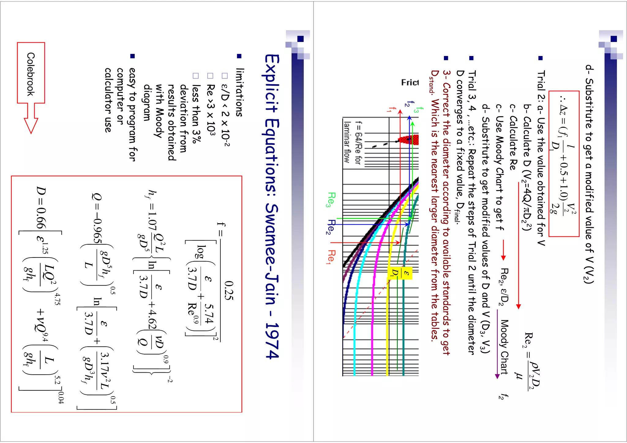 µ
ρ
2
2
2
Re
D
V
=
Re
2
,
ε/D
2
Moody
Chart
f
2
d-
Substitute
to
get
a
modified
value
of
V
(V
2
)
g
V
D
l
f
z
2
)
0
.
1
5
.
0
(
2
2
1
1
+
+
=
∆
∴

Trial
2:
a-
Use
the
value
obtained
for
V
b-
Calculate
D
(V
2
=4Q/πD
2
2
)
c-
Calculate
Re
c-
Use
Moody
Chart
to
get
f
d-
Substitute
to
get
modified
values
of
D
and
V
(D
3
,
V
3
)

Trial
3,
4
,
…etc.:
Repeat
the
steps
of
Trial
2
until
the
diameter
D
converges
to
a
fixed
value,
D
final
.

3-
Correct
the
diameter
according
to
available
standards
to
get
D
stand
.
Which
is
the
nearest
larger
diameter
from
the
tables.
1
D
ε
Re
1
f
1
f
2
Re
2
Re
3
f
3
Explicit
Equations:
Swamee-Jain
-
1974

limitations

ε/D

2
x
10
-2

Re
3
x
10
3

less
than
3%
deviation
from
results
obtained
with
Moody
diagram

easy
to
program
for
computer
or
calculator
use
2
9
.
0
5
2
62
.
4
7
.
3
ln
07
.
1
−


























+
=
Q
D
D
gD
L
Q
h
f
ν
ε
0.04
4.75
5.2
2
1.25
9.4
f
f
0.66
LQ
L
D
Q
gh
gh
ε
ν






=
+














2
0.9
0.25
f
5.74
log
3.7
Re
D
ε
=




+
























+








−
=
5
.
0
3
2
5
.
0
5
17
.
3
7
.
3
ln
965
.
0
f
f
h
gD
L
D
L
h
gD
Q
ν
ε
Colebrook
 