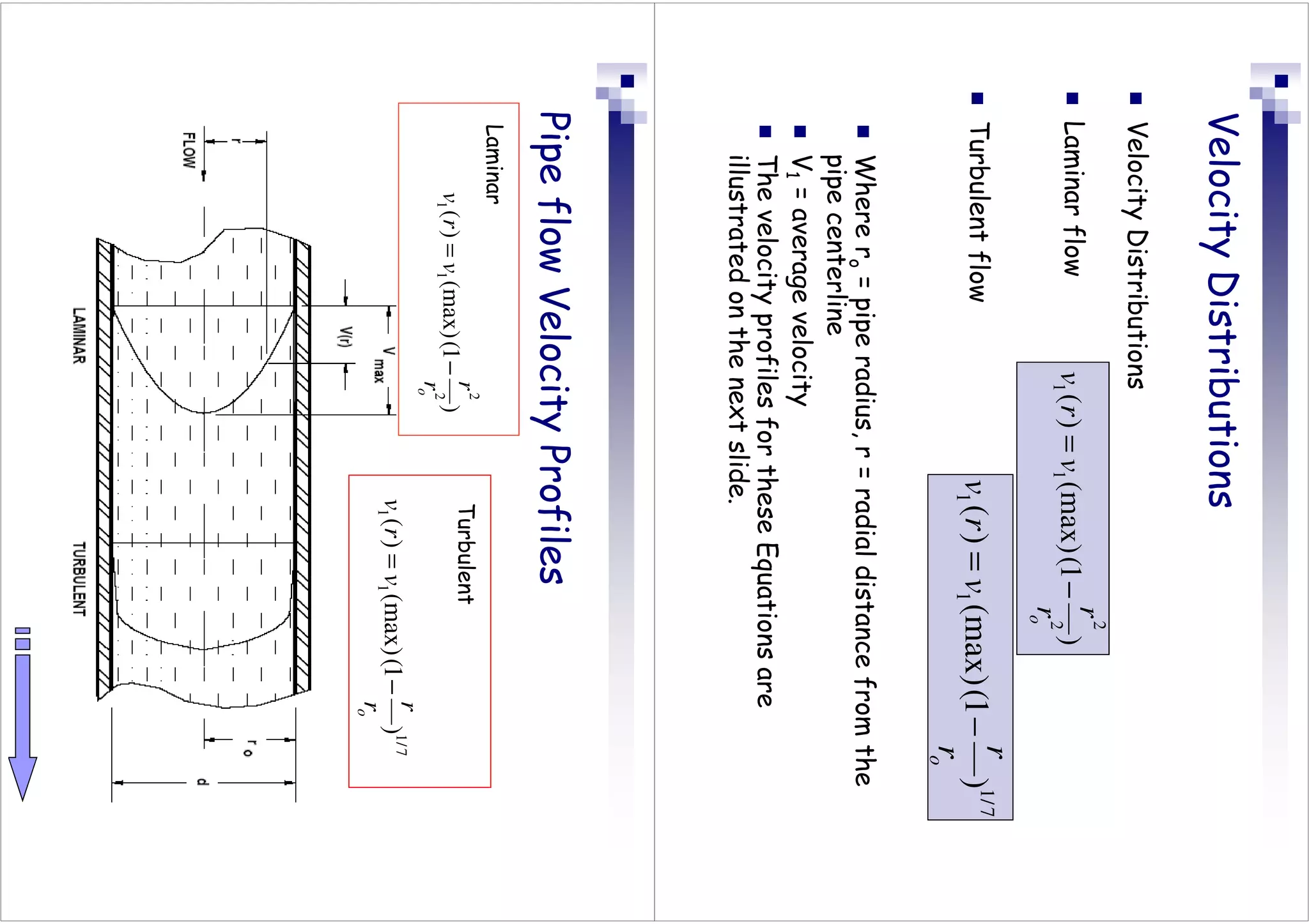 Velocity
Distributions

Velocity
Distributions

Laminar
flow

Turbulent
flow
)
1
(
(max)
)
(
2
2
1
1
o
r
r
v
r
v
−
=
7
/
1
1
1
)
1
(
(max)
)
(
o
r
r
v
r
v
−
=

Where
r
o
=
pipe
radius,
r
=
radial
distance
from
the
pipe
centerline

V
1
=
average
velocity

The
velocity
profiles
for
these
Equations
are
illustrated
on
the
next
slide.
Pipe
flow
Velocity
Profiles
7
/
1
1
1
)
1
(
(max)
)
(
o
r
r
v
r
v
−
=
)
1
(
(max)
)
(
2
2
1
1
o
r
r
v
r
v
−
=
Turbulent
Laminar
 