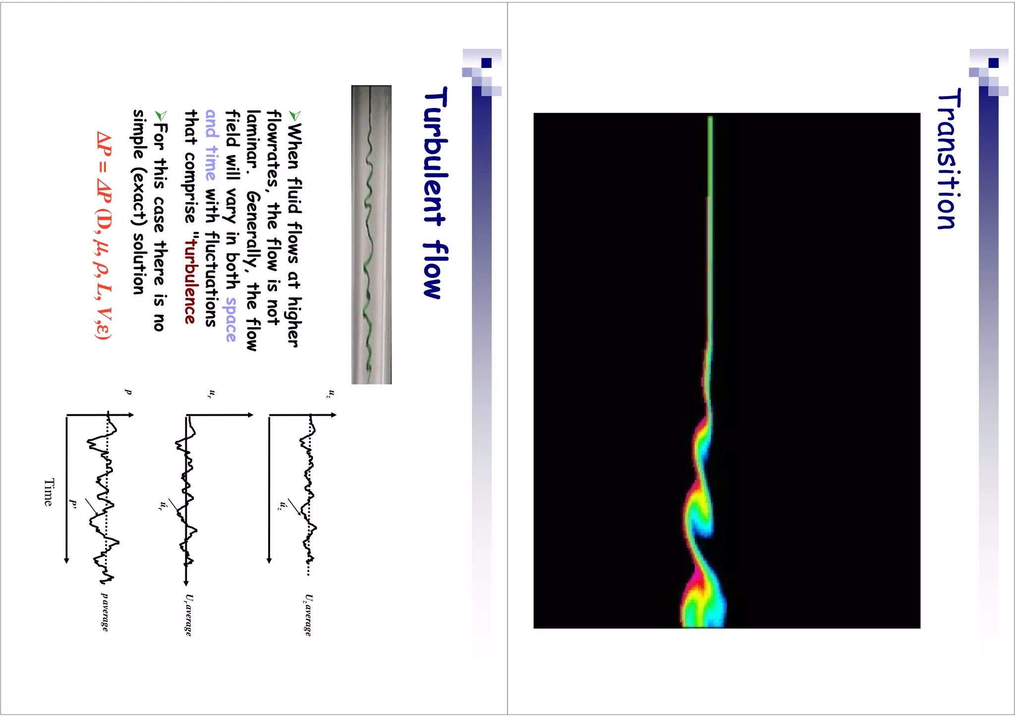 Transition
Turbulent
flow
When
fluid
flows
at
higher
flowrates,
the
flow
is
not
laminar.
Generally,
the
flow
field
will
vary
in
both
space
and
time
with
fluctuations
that
comprise
turbulence
For
this
case
there
is
no
simple
(exact)
solution
∆
∆
∆
∆
P
=
∆
∆
∆
∆
P
(D,
µ
µ
µ
µ
,
ρ
ρ
ρ
ρ
,
L,
V,ε
ε
ε
ε
)
u
z
ú
z
U
z
average
u
r
ú
r
U
r
average
p
P’
p
average
Time
 