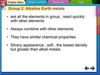 Group 2: Alkaline Earth metals
• are all the elements in group , react quickly
with other elements
• Always combine with other elements
• They have similar chemical properties
• Silvery appearance , soft , the lowest density
but greater than alkali metals
 