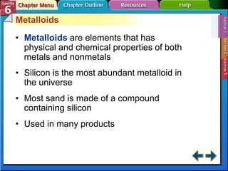 Metalloids
• Metalloids are elements that has
physical and chemical properties of both
metals and nonmetals
• Silicon is the most abundant metalloid in
the universe
• Most sand is made of a compound
containing silicon
• Used in many products
 