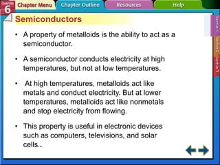 Semiconductors
• A property of metalloids is the ability to act as a
semiconductor.
• A semiconductor conducts electricity at high
temperatures, but not at low temperatures.
• At high temperatures, metalloids act like
metals and conduct electricity. But at lower
temperatures, metalloids act like nonmetals
and stop electricity from flowing.
• This property is useful in electronic devices
such as computers, televisions, and solar
cells..
 