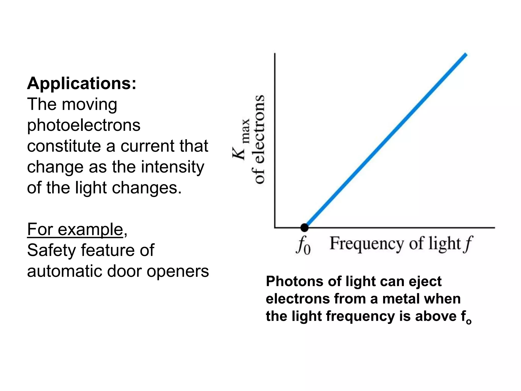 Photons of light can eject
electrons from a metal when
the light frequency is above fo
Applications:
The moving
photoelectrons
constitute a current that
change as the intensity
of the light changes.
For example,
Safety feature of
automatic door openers
 