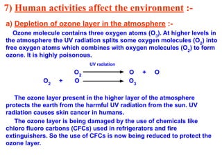 7) Human activities affect the environment :-
a) Depletion of ozone layer in the atmosphere :-
Ozone molecule contains three oxygen atoms (O3
). At higher levels in
the atmosphere the UV radiation splits some oxygen molecules (O2
) into
free oxygen atoms which combines with oxygen molecules (O2
) to form
ozone. It is highly poisonous.
UV radiation
O2
O + O
O2
+ O O3
The ozone layer present in the higher layer of the atmosphere
protects the earth from the harmful UV radiation from the sun. UV
radiation causes skin cancer in humans.
The ozone layer is being damaged by the use of chemicals like
chloro fluoro carbons (CFCs) used in refrigerators and fire
extinguishers. So the use of CFCs is now being reduced to protect the
ozone layer.
 