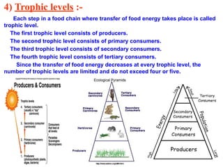4) Trophic levels :-
Each step in a food chain where transfer of food energy takes place is called
trophic level.
The first trophic level consists of producers.
The second trophic level consists of primary consumers.
The third trophic level consists of secondary consumers.
The fourth trophic level consists of tertiary consumers.
Since the transfer of food energy decreases at every trophic level, the
number of trophic levels are limited and do not exceed four or five.
 