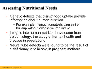 Assessing Nutritional Needs
• Genetic defects that disrupt food uptake provide
information about human nutrition
– For example, hemochromatosis causes iron
buildup without excessive iron intake
• Insights into human nutrition have come from
epidemiology, the study of human health and
disease in populations
• Neural tube defects were found to be the result of
a deficiency in folic acid in pregnant mothers
© 2011 Pearson Education, Inc.
 