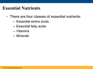 Essential Nutrients
• There are four classes of essential nutrients:
– Essential amino acids
– Essential fatty acids
– Vitamins
– Minerals
© 2011 Pearson Education, Inc.
 