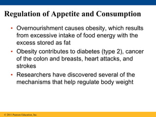 © 2011 Pearson Education, Inc.
Regulation of Appetite and Consumption
• Overnourishment causes obesity, which results
from excessive intake of food energy with the
excess stored as fat
• Obesity contributes to diabetes (type 2), cancer
of the colon and breasts, heart attacks, and
strokes
• Researchers have discovered several of the
mechanisms that help regulate body weight
 