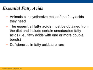 Essential Fatty Acids
• Animals can synthesize most of the fatty acids
they need
• The essential fatty acids must be obtained from
the diet and include certain unsaturated fatty
acids (i.e., fatty acids with one or more double
bonds)
• Deficiencies in fatty acids are rare
© 2011 Pearson Education, Inc.
 