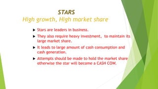 STARS
High growth, High market share
 Stars are leaders in business.
 They also require heavy investment, to maintain its
large market share.
 It leads to large amount of cash consumption and
cash generation.
 Attempts should be made to hold the market share
otherwise the star will become a CASH COW.
 