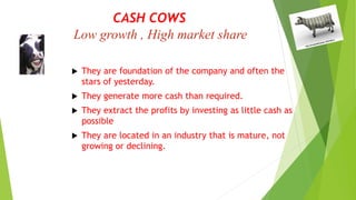 CASH COWS
Low growth , High market share
 They are foundation of the company and often the
stars of yesterday.
 They generate more cash than required.
 They extract the profits by investing as little cash as
possible
 They are located in an industry that is mature, not
growing or declining.
 