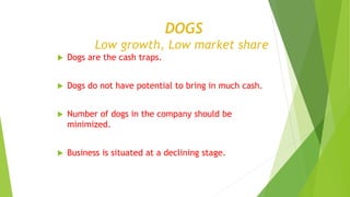 DOGS
Low growth, Low market share
 Dogs are the cash traps.
 Dogs do not have potential to bring in much cash.
 Number of dogs in the company should be
minimized.
 Business is situated at a declining stage.
 
