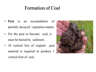 Formation of Coal
• Peat is an accumulation of
partially decayed vegetation matter.
• For the peat to become coal, it
must be buried by sediment.
• 10 vertical feet of original peat
material is required to produce 1
vertical foot of coal.
 