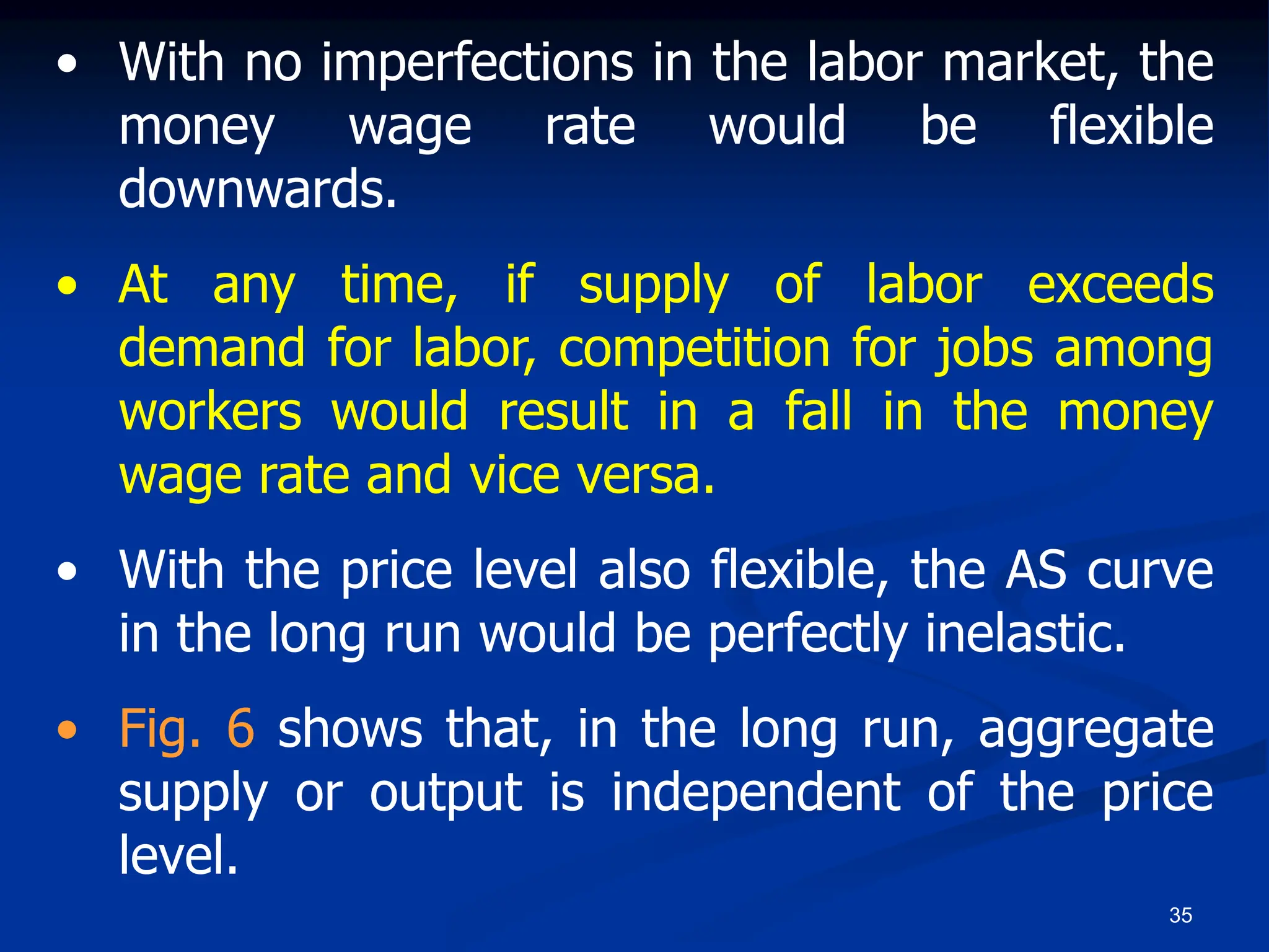 35
• With no imperfections in the labor market, the
money wage rate would be flexible
downwards.
• At any time, if supply of labor exceeds
demand for labor, competition for jobs among
workers would result in a fall in the money
wage rate and vice versa.
• With the price level also flexible, the AS curve
in the long run would be perfectly inelastic.
• Fig. 6 shows that, in the long run, aggregate
supply or output is independent of the price
level.
 
