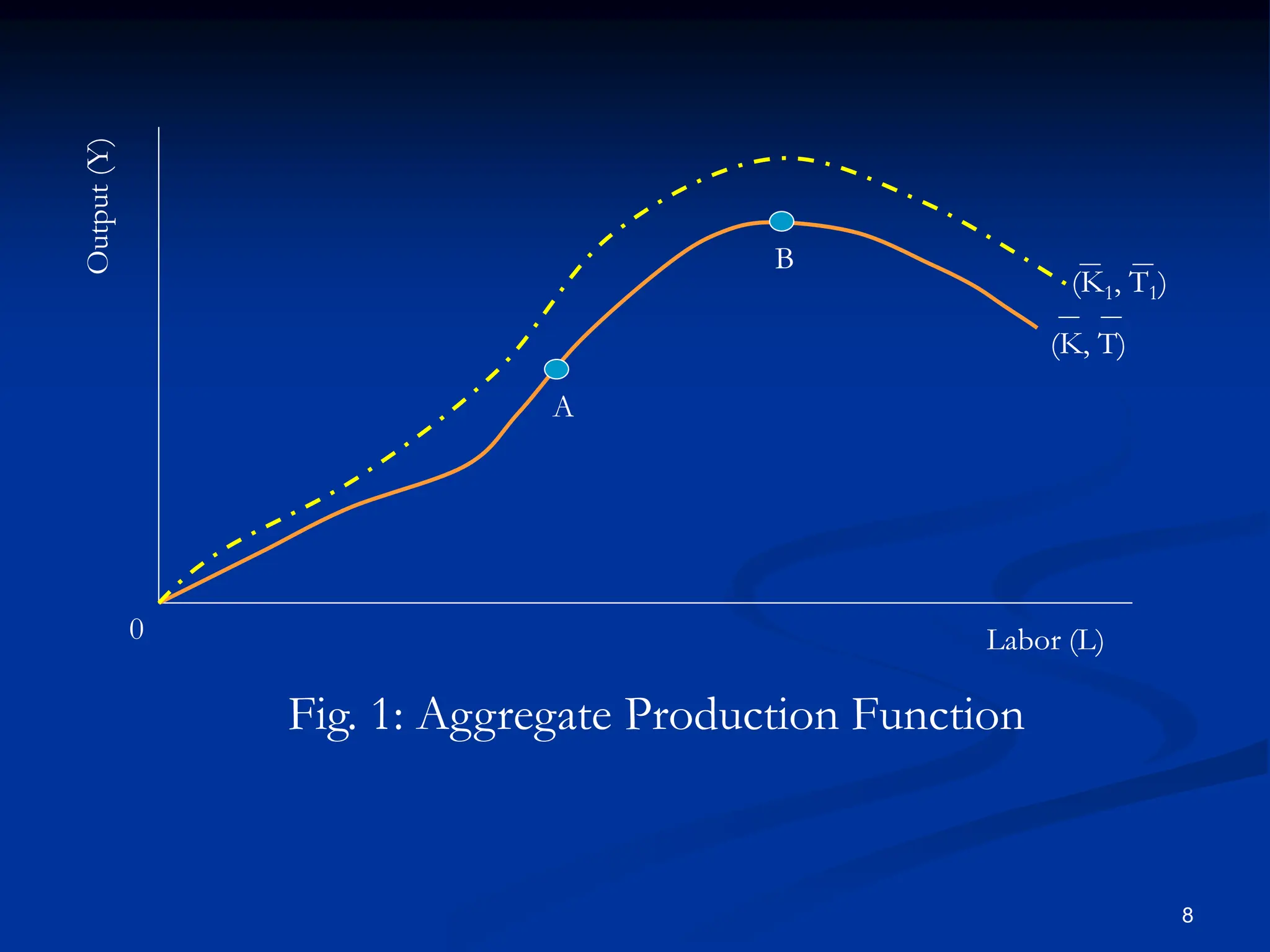 8
Labor (L)
0
Output
(Y)
A
B
(K, T)
(K1, T1)
Fig. 1: Aggregate Production Function
 