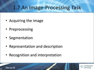 30
1.7 An Image-Processing Task
© 2010 Cengage Learning
Engineering. All Rights Reserved.
• Acquiring the image
• Preprocessing
• Segmentation
• Representation and description
• Recognition and interpretation
Ch1-p.13
 