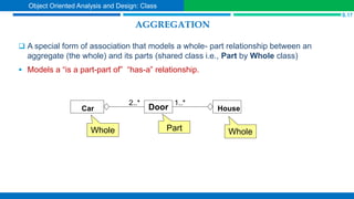AGGREGATION
 A special form of association that models a whole- part relationship between an
aggregate (the whole) and its parts (shared class i.e., Part by Whole class)
 Models a “is a part-part of” “has-a” relationship.
Whole Part
Car Door House
1..*
2..*
S.17
Object Oriented Analysis and Design: Class
Whole
 