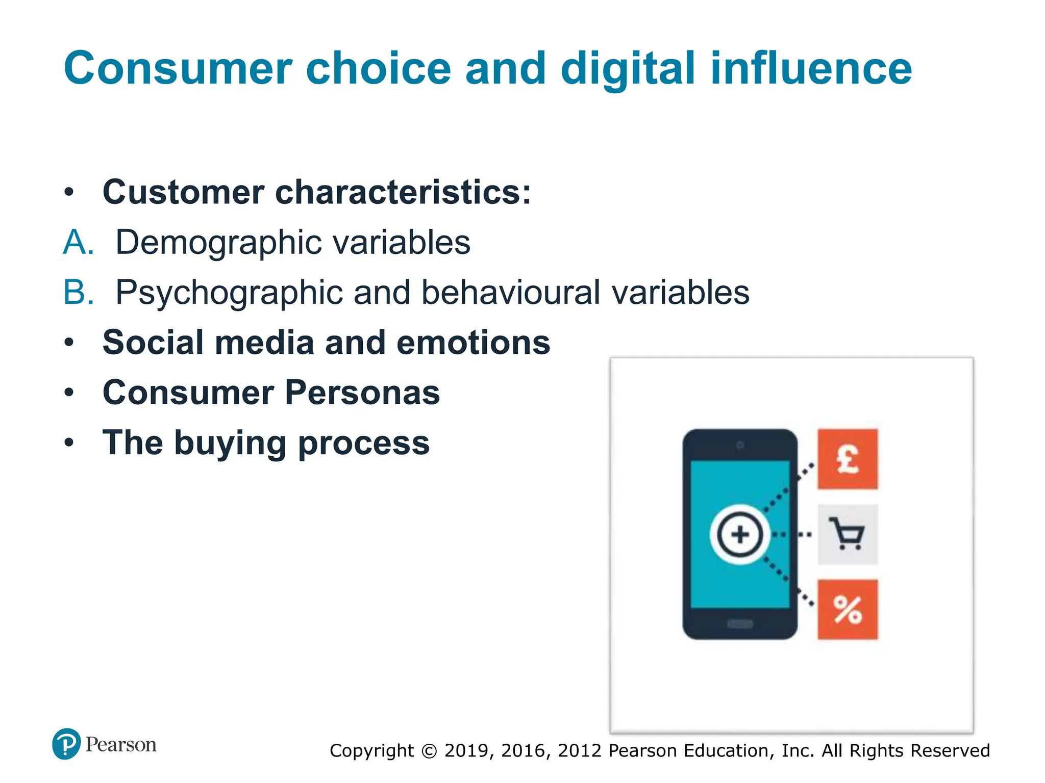 Copyright © 2019, 2016, 2012 Pearson Education, Inc. All Rights Reserved
Consumer choice and digital influence
• Customer characteristics:
A. Demographic variables
B. Psychographic and behavioural variables
• Social media and emotions
• Consumer Personas
• The buying process
 