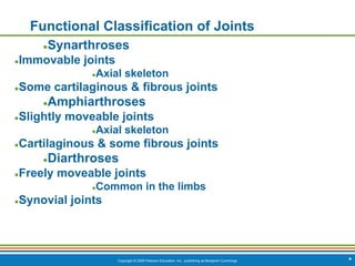 Copyright © 2009 Pearson Education, Inc., publishing as Benjamin Cummings *
Functional Classification of Joints
●Synarthroses
●Immovable joints
●Axial skeleton
●Some cartilaginous & fibrous joints
●Amphiarthroses
●Slightly moveable joints
●Axial skeleton
●Cartilaginous & some fibrous joints
●Diarthroses
●Freely moveable joints
●Common in the limbs
●Synovial joints
 