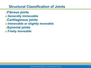 Copyright © 2009 Pearson Education, Inc., publishing as Benjamin Cummings *
Structural Classification of Joints
●Fibrous joints
a.Generally immovable
●Cartilaginous joints
a.Immovable or slightly moveable
●Synovial joints
a.Freely moveable
 