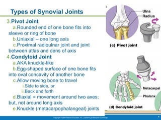Copyright © 2009 Pearson Education, Inc., publishing as Benjamin Cummings *
Types of Synovial Joints
3.Pivot Joint
a.Rounded end of one bone fits into
sleeve or ring of bone
b.Uniaxial – one long axis
c.Proximal radioulnar joint and joint
between atlas and dens of axis
4.Condyloid Joint
a.AKA knuckle-like
b.Egg-shaped surface of one bone fits
into oval concavity of another bone
c.Allow moving bone to travel
i.Side to side, or
ii.Back and forth
d.Biaxial = movement around two axes;
but, not around long axis
e.Knuckle (metacarpophalangeal) joints
 
