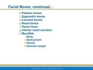 Copyright © 2009 Pearson Education, Inc., publishing as Benjamin Cummings *
Facial Bones, continued…
b.Palatine bones
c.Zygomatic bones
d.Lacrimal bones
e.Nasal bones
f.Vomer bone
g.Inferior nasal conchae
h.Mandible
i.Body
ii.Ramus/rami
iii.Alveoli
iv.Alveolar margin
 