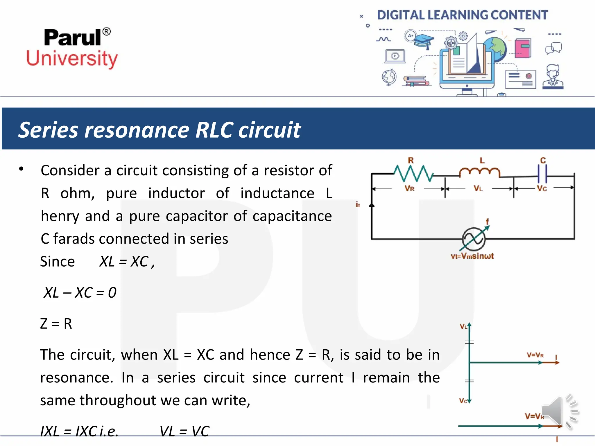 Series resonance RLC circuit
• Consider a circuit consisting of a resistor of
R ohm, pure inductor of inductance L
henry and a pure capacitor of capacitance
C farads connected in series
Since XL = XC ,
XL – XC = 0
Z = R
The circuit, when XL = XC and hence Z = R, is said to be in
resonance. In a series circuit since current I remain the
same throughout we can write,
IXL = IXC i.e. VL = VC
 