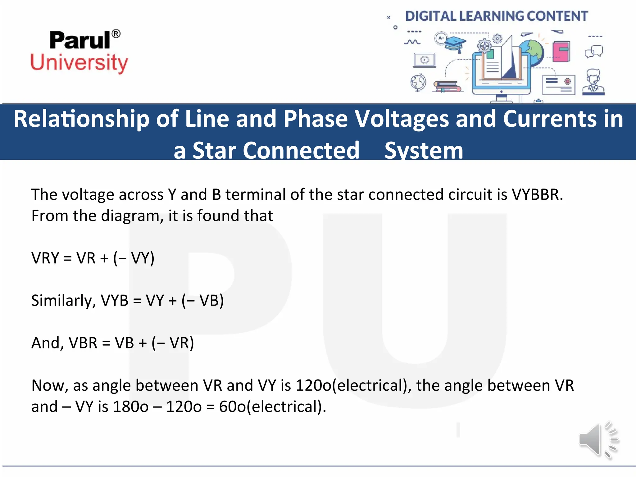 Relationship of Line and Phase Voltages and Currents in
a Star Connected System
The voltage across Y and B terminal of the star connected circuit is VYBBR.
From the diagram, it is found that
VRY = VR + (− VY)
Similarly, VYB = VY + (− VB)
And, VBR = VB + (− VR)
Now, as angle between VR and VY is 120o(electrical), the angle between VR
and – VY is 180o – 120o = 60o(electrical).
 