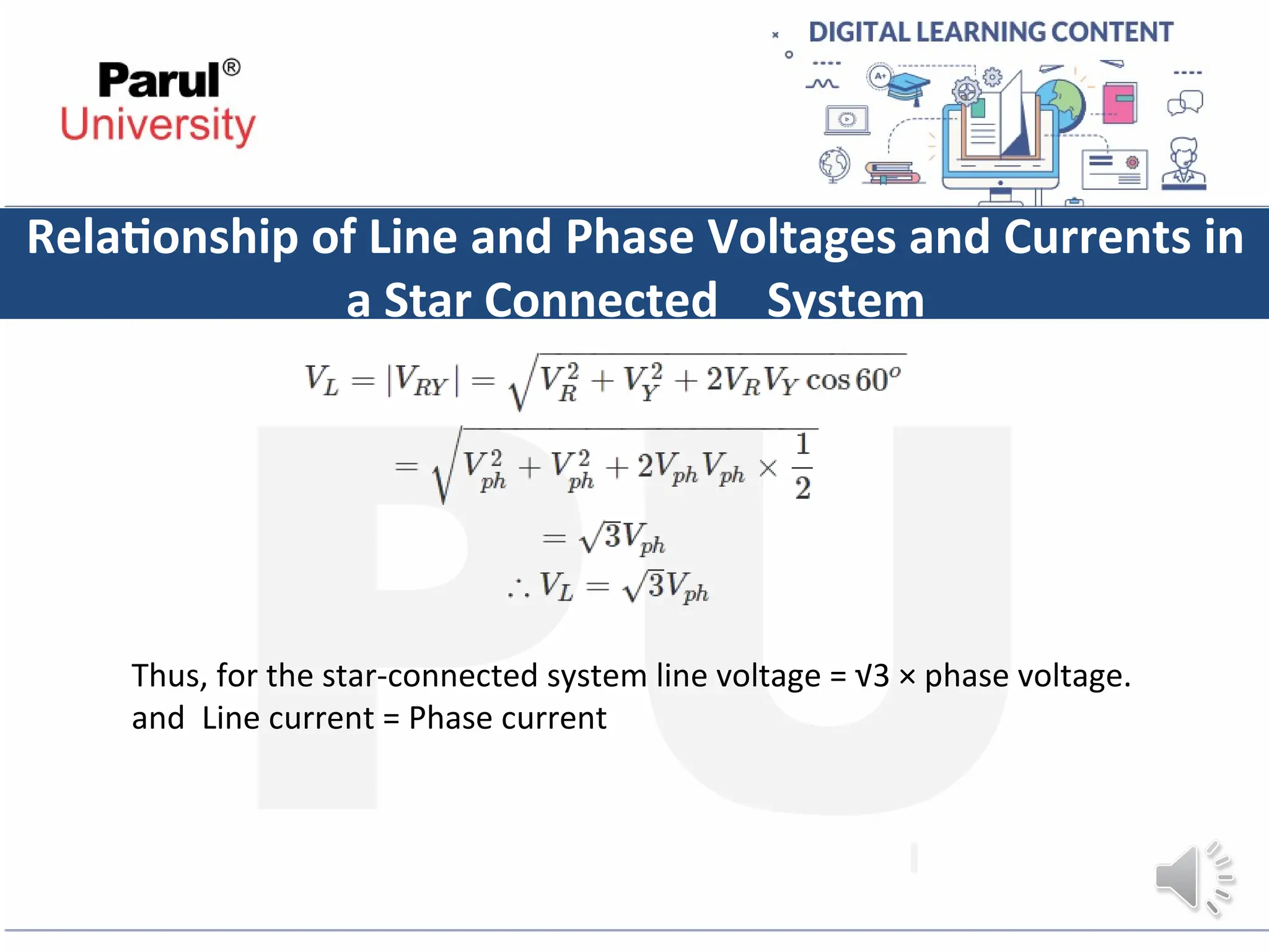 Relationship of Line and Phase Voltages and Currents in
a Star Connected System
Thus, for the star-connected system line voltage = √3 × phase voltage.
and Line current = Phase current
 