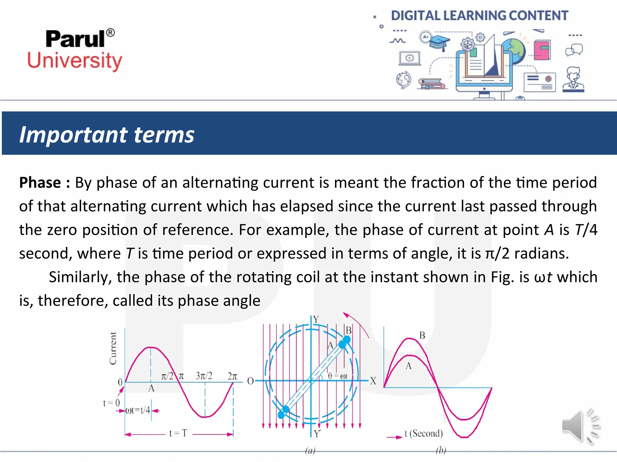 Important terms
Phase : By phase of an alternating current is meant the fraction of the time period
of that alternating current which has elapsed since the current last passed through
the zero position of reference. For example, the phase of current at point A is T/4
second, where T is time period or expressed in terms of angle, it is π/2 radians.
Similarly, the phase of the rotating coil at the instant shown in Fig. is ωt which
is, therefore, called its phase angle
 