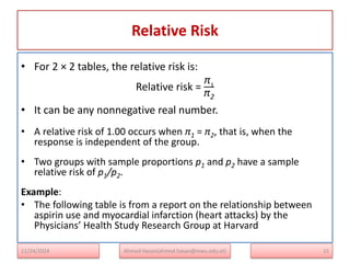 Relative Risk
15
• For 2 × 2 tables, the relative risk is:
Relative risk =
π1
π2
• It can be any nonnegative real number.
• A relative risk of 1.00 occurs when π1 = π2, that is, when the
response is independent of the group.
• Two groups with sample proportions p1 and p2 have a sample
relative risk of p1/p2.
Example:
• The following table is from a report on the relationship between
aspirin use and myocardial infarction (heart attacks) by the
Physicians’ Health Study Research Group at Harvard
Ahmed Hasan(ahmed.hasan@mwu.edu.et)
11/24/2024
 