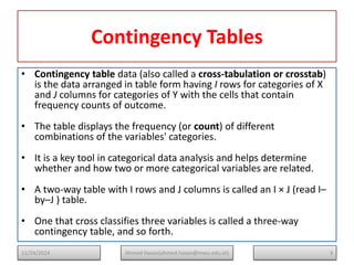 Contingency Tables
• Contingency table data (also called a cross-tabulation or crosstab)
is the data arranged in table form having I rows for categories of X
and J columns for categories of Y with the cells that contain
frequency counts of outcome.
• The table displays the frequency (or count) of different
combinations of the variables' categories.
• It is a key tool in categorical data analysis and helps determine
whether and how two or more categorical variables are related.
• A two-way table with I rows and J columns is called an I × J (read I–
by–J ) table.
• One that cross classifies three variables is called a three-way
contingency table, and so forth.
3
Ahmed Hasan(ahmed.hasan@mwu.edu.et)
11/24/2024
 
