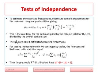 Tests of Independence
• To estimate the expected frequencies, substitute sample proportions for
the unknown marginal probabilities, giving
• This is the row total for the cell multiplied by the column total for the cell,
divided by the overall sample size.
• The {𝜇ij} are called estimated expected frequencies.
• For testing independence in I×J contingency tables, the Pearson and
likelihood ratio statistics equal
• Their large-sample 𝑋2
distributions have df =(I − 1)(J − 1).
35
Ahmed Hasan(ahmed.hasan@mwu.edu.et)
11/24/2024
 