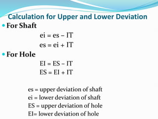 Calculation for Upper and Lower Deviation
For Shaft
ei = es – IT
es = ei + IT
For Hole
EI = ES – IT
ES = EI + IT
es = upper deviation of shaft
ei = lower deviation of shaft
ES = upper deviation of hole
EI= lower deviation of hole
 