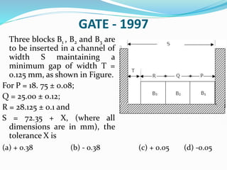 GATE - 1997
Three blocks B1 , B2 and B3 are
to be inserted in a channel of
width S maintaining a
minimum gap of width T =
0.125 mm, as shown in Figure.
For P = 18. 75 ± 0.08;
Q = 25.00 ± 0.12;
R = 28.125 ± 0.1 and
S = 72.35 + X, (where all
dimensions are in mm), the
tolerance X is
(a) + 0.38 (b) - 0.38 (c) + 0.05 (d) -0.05
 