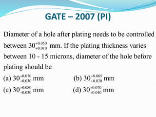 GATE – 2007 (PI)
0.050
0.010
0.07
0.030
Diameter of a hole after plating needs to be controlled
between 30 mm. If the plating thickness varies
between 10 - 15 microns, diameter of the hole before
plating should be
(a) 30




0 0.065
0.020
0.080 0.070
0.030 0.040
mm (b) 30 mm
(c) 30 mm (d) 30 mm


 
 
 